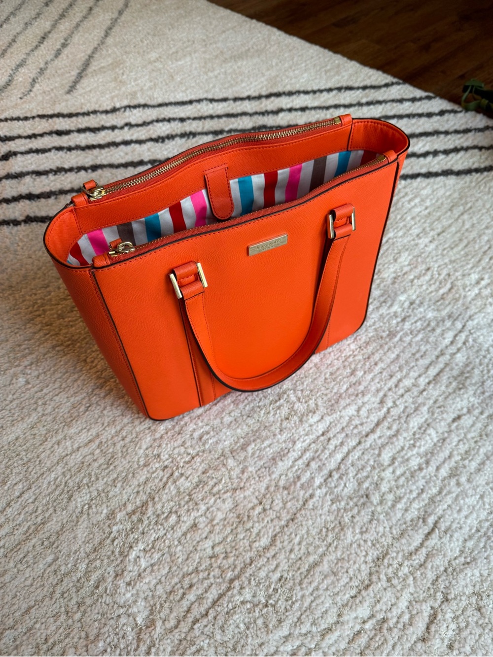 kate spade Bright Orange Structured Tote with Striped Lining